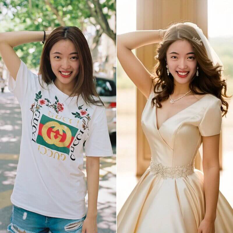 side by side photos of the same woman dressed in jeans and a t-shirt as well as a wedding dress