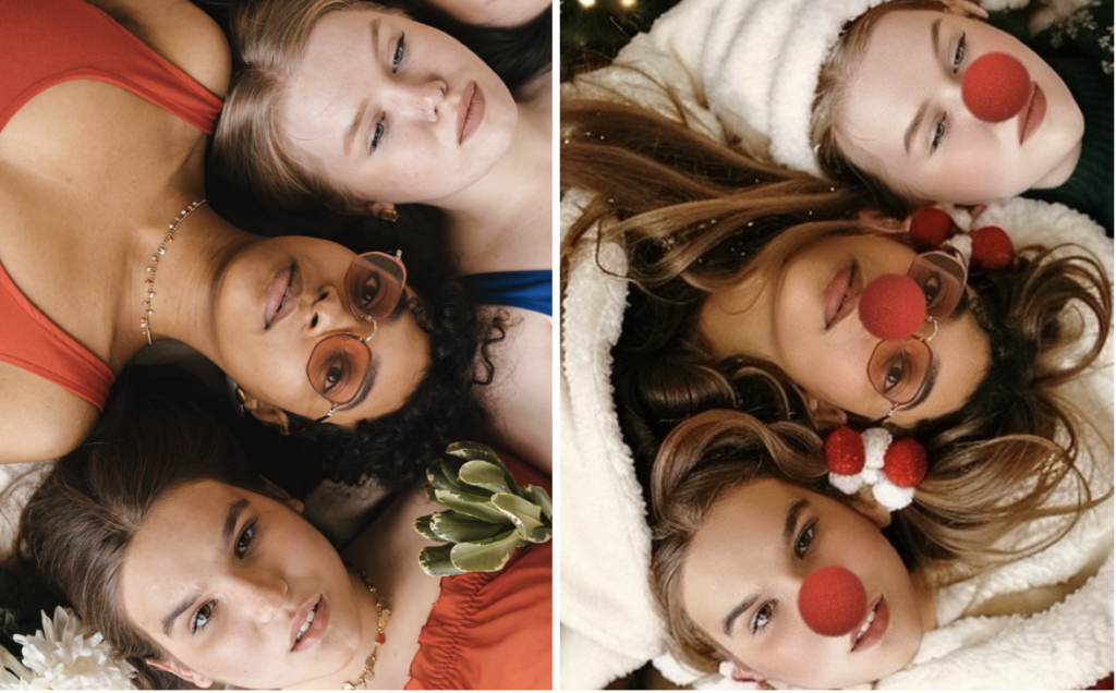 Three friends in with Rudolph noses for Christmas photo