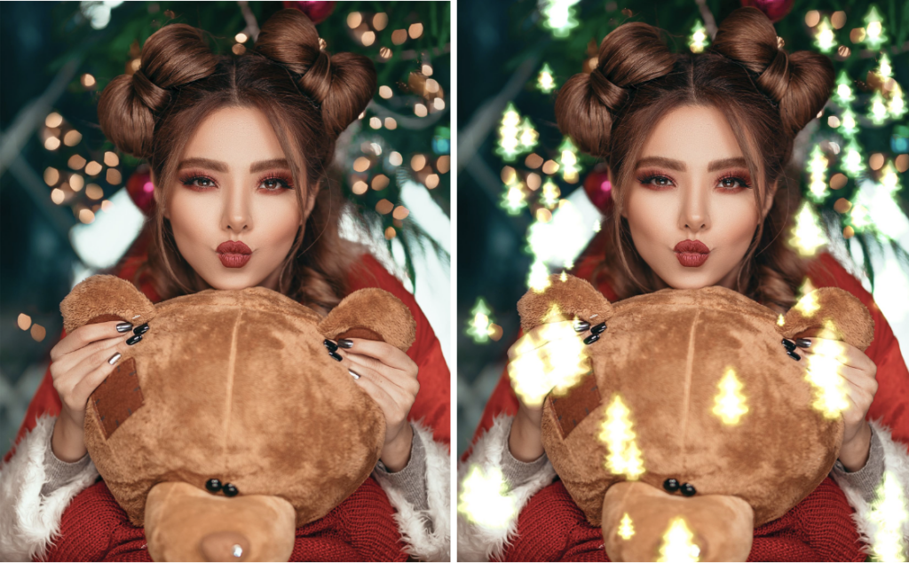 Woman holding a teddy bear with Christmas tree sparkles around her