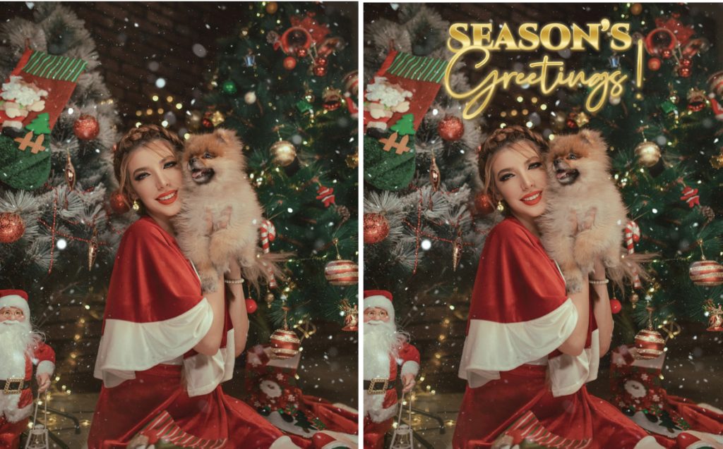 Woman dressed as a Santa holding a dog in front of a Christmas tree