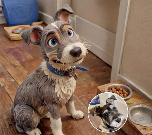 a dog sitting on a wood floor AirBrush clay filter