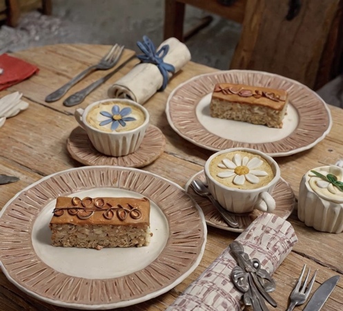 a table with plates of food and cups of coffee