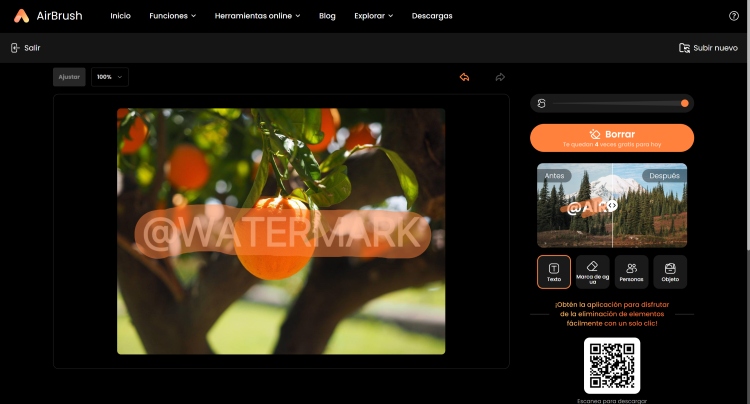 AI Object Remover Web Screenshot ES - Oranges with watermark