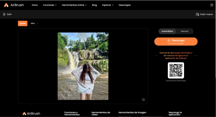 remove watermark - AI Image Watermark remover girl waterfall with watermark screenshot ES
