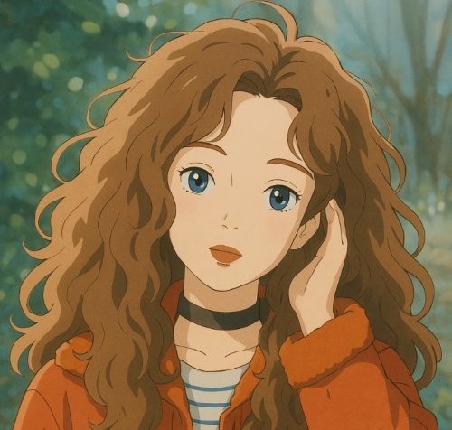 ghibli filter - curly girl in red after