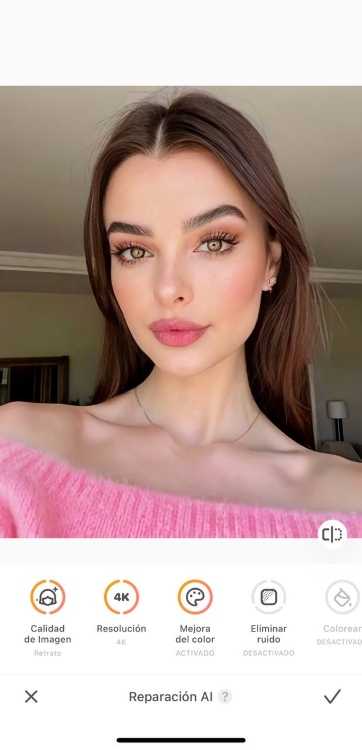 AirBrush AI Repair App Screenshot ES - selfie of the girl in pink AI repair resolution colour