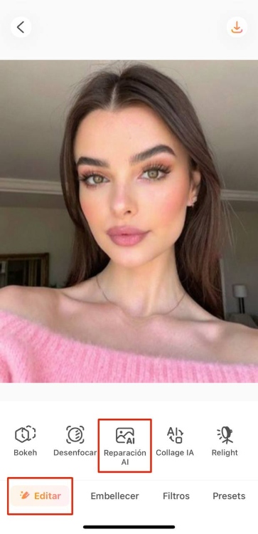 AirBrush AI Repair App Screenshot ES - selfie of the girl in pink edit AI repair