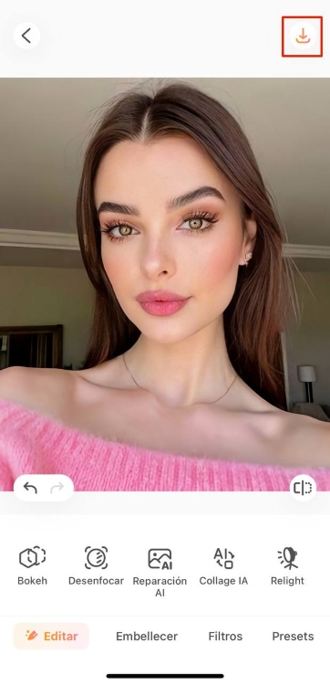AirBrush AI Repair App Screenshot ES - selfie of the girl in pink save