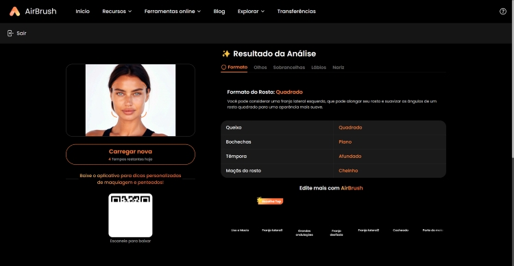 AirBrush Face Shape Detector Web Screenshot PT - results shape