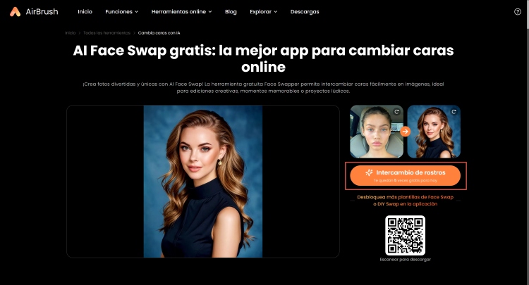 AirBrush Face Swap Web Screenshot ES - press face swap