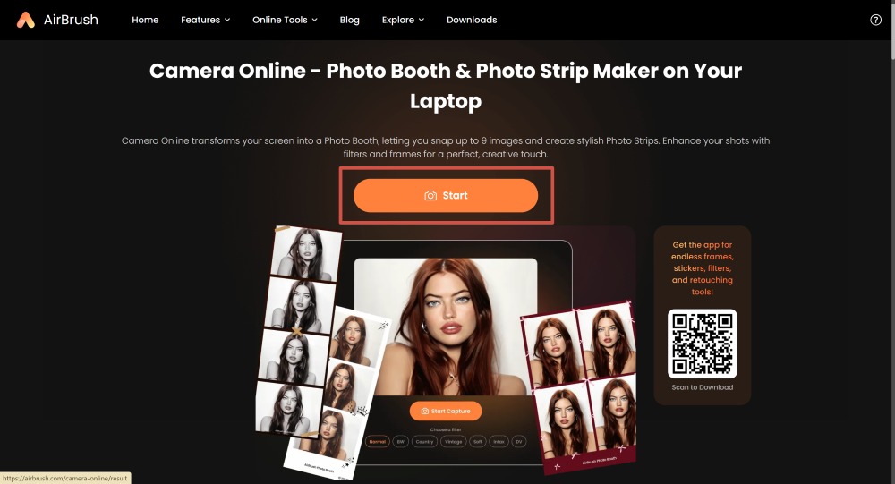 AirBrush Web Screenshot EN - Camera Online Photo Booth main page start