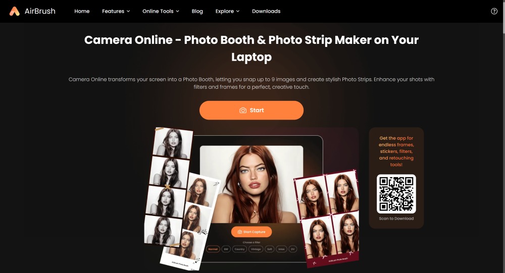 AirBrush Web Screenshot EN - Camera Online Photo Booth main page