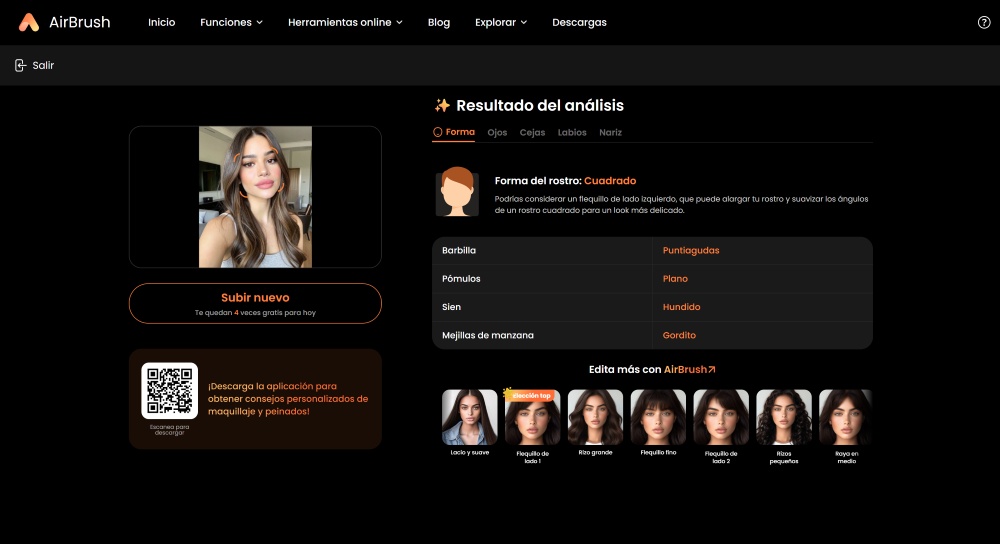 AirBrush Web Screenshot ES - AI Face Shape Detector results