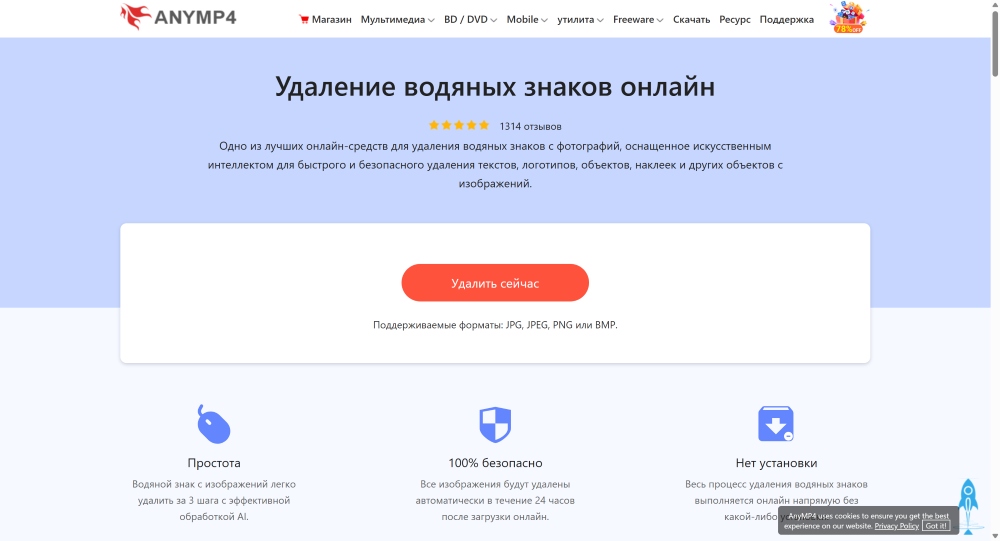 AnyMP4 Watermark Remove Web Screenshot RU - Image Watermark Remover
