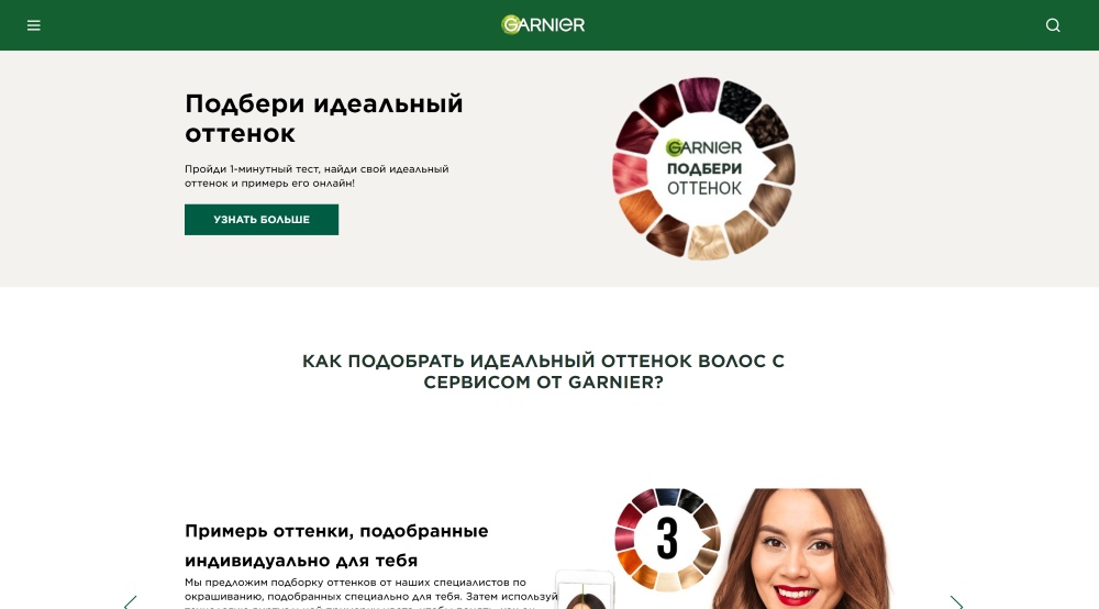 Garnier Web Screenshot RU - hair colour changer