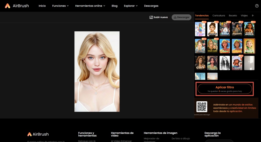 AirBrush Web Screenshot ES - AI filter apply