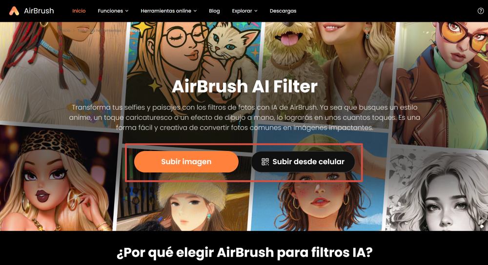 AirBrush Web Screenshot ES - AI filter upload image
