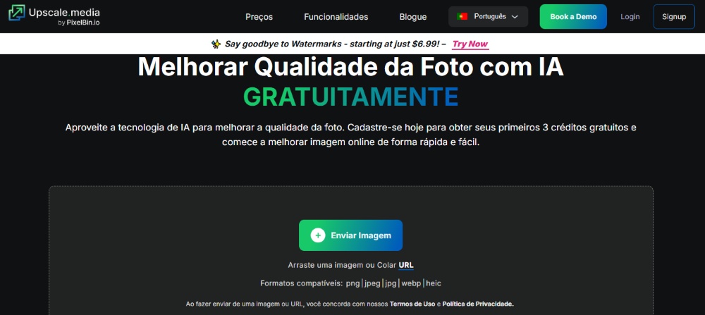 Upscale.media Web Screenshot PT - AI Image Enhancer