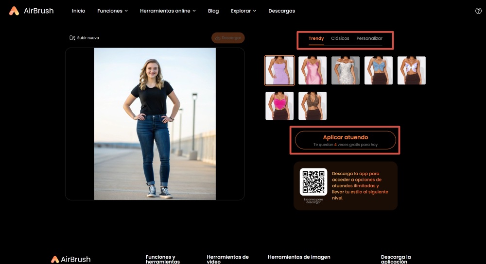 AirBrush Web Screenshot ES - change outfit choose and apply