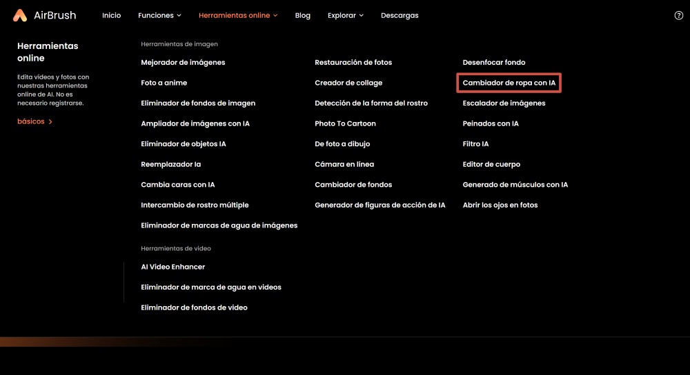 AirBrush Web Screenshot ES - change outfit find tool