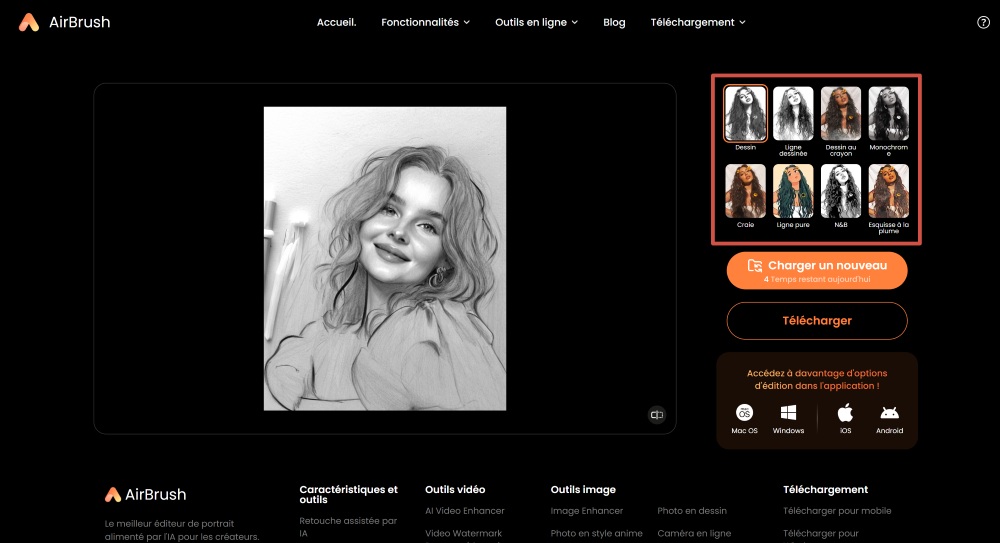 AirBrush Web Screenshot FR - Photo to Sketch choose a style