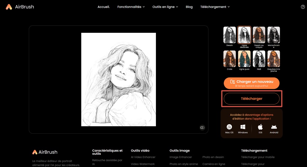 AirBrush Web Screenshot FR - Photo to Sketch download the result
