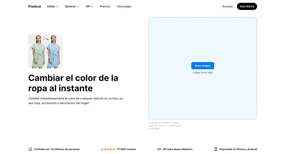 Pixelcut Web Screenshot ES - change outfit main page
