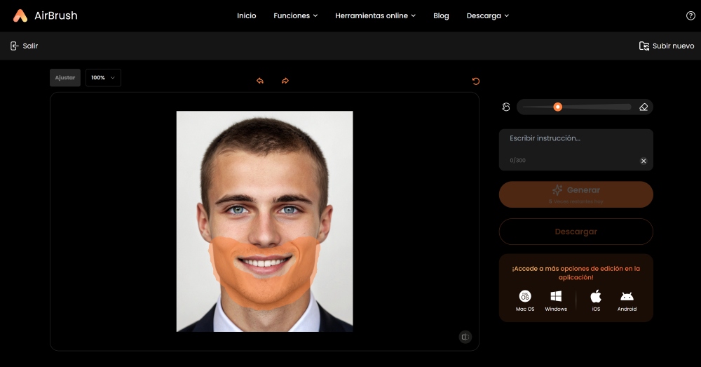 AirBrush Web Screenshot ES - AI Replacer beard filter mark the areas