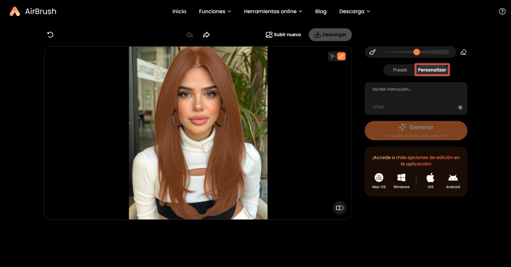 AirBrush Web Screenshot ES - ai hairstyle changer bangs filter custom