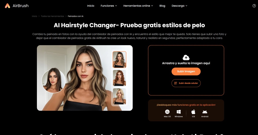 AirBrush Web Screenshot ES - ai hairstyle changer main page
