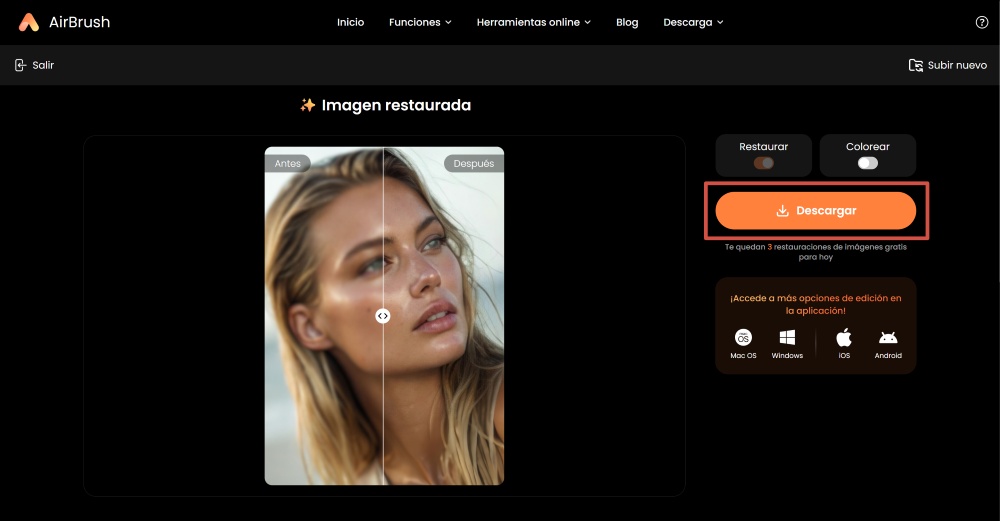 AirBrush Web Screenshot ES - photo restoration download the result