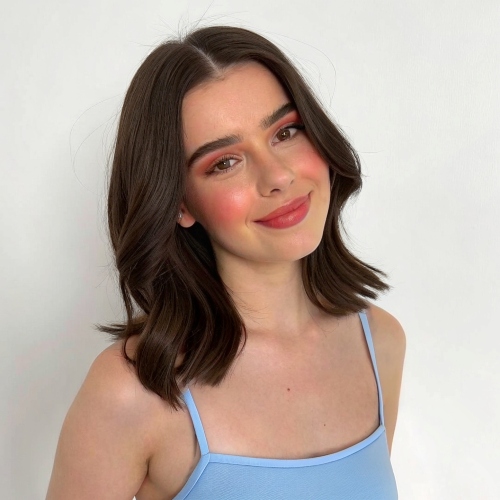 bangs filter - brunette girl in blue top before