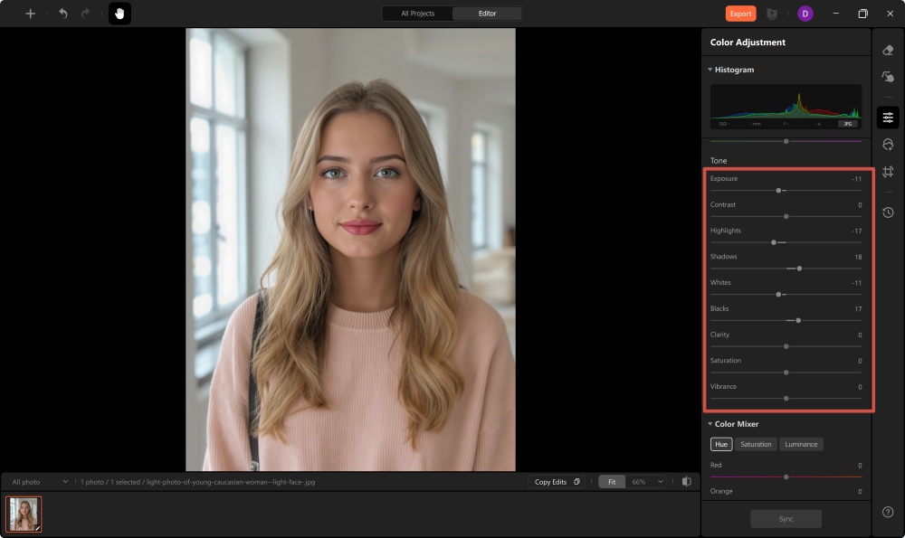 AirBrush Studio Screenshot EN - darken a photo color adjustment sliders