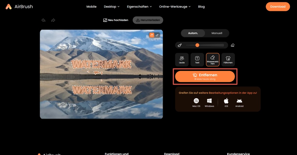 AirBrush Web Screenshot DE - remove watermark ai object remover erase