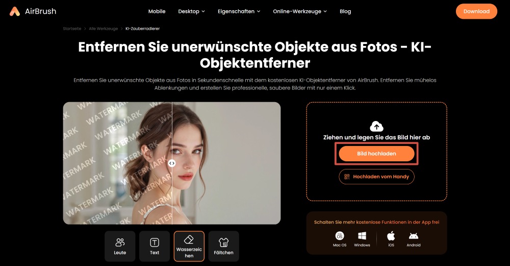 AirBrush Web Screenshot DE - remove watermark ai object remover upload image