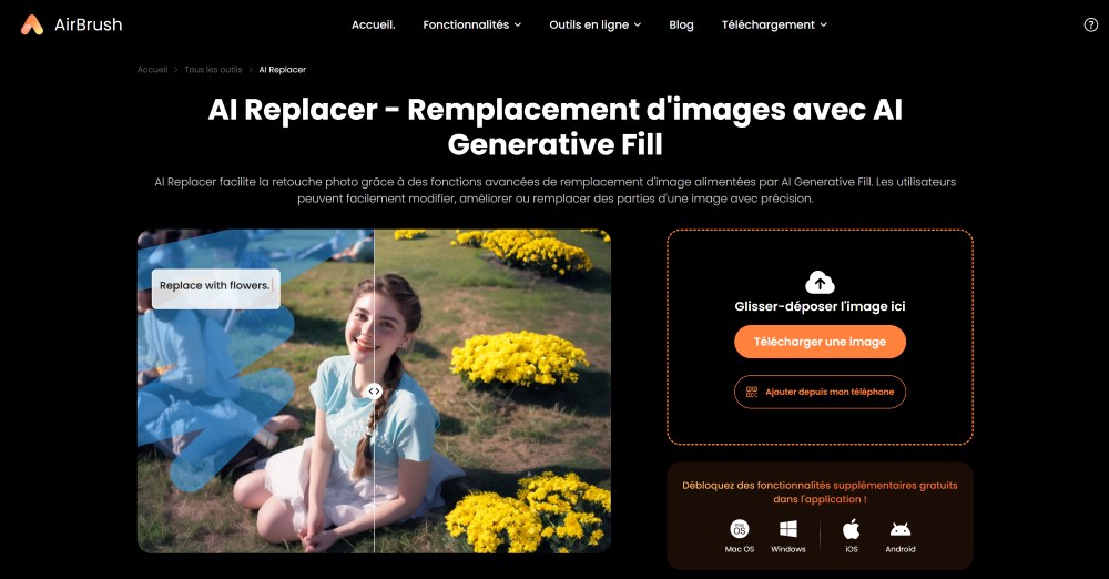 AirBrush Web Screenshot FR - ai replacer main page