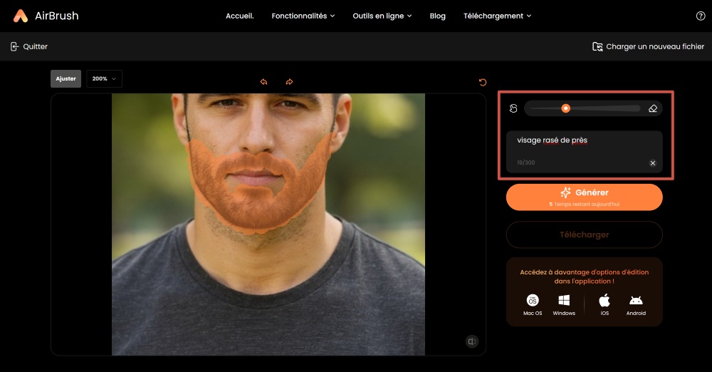 AirBrush Web Screenshot FR - beardless filter ai replacer highlight and prompt