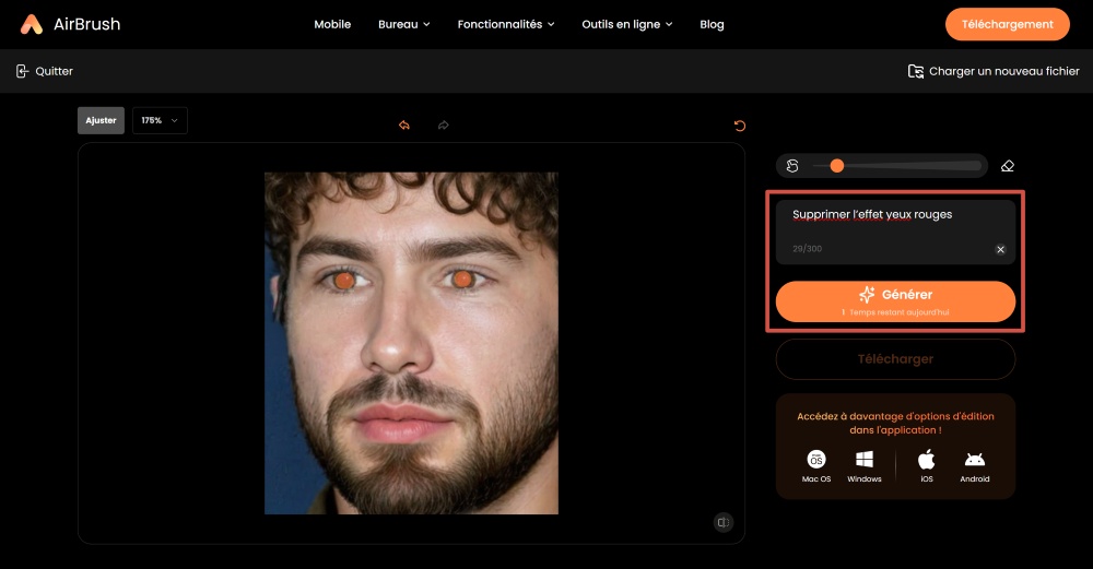 AirBrush Web Screenshot FR - remove red eyes ai replacer prompt generate