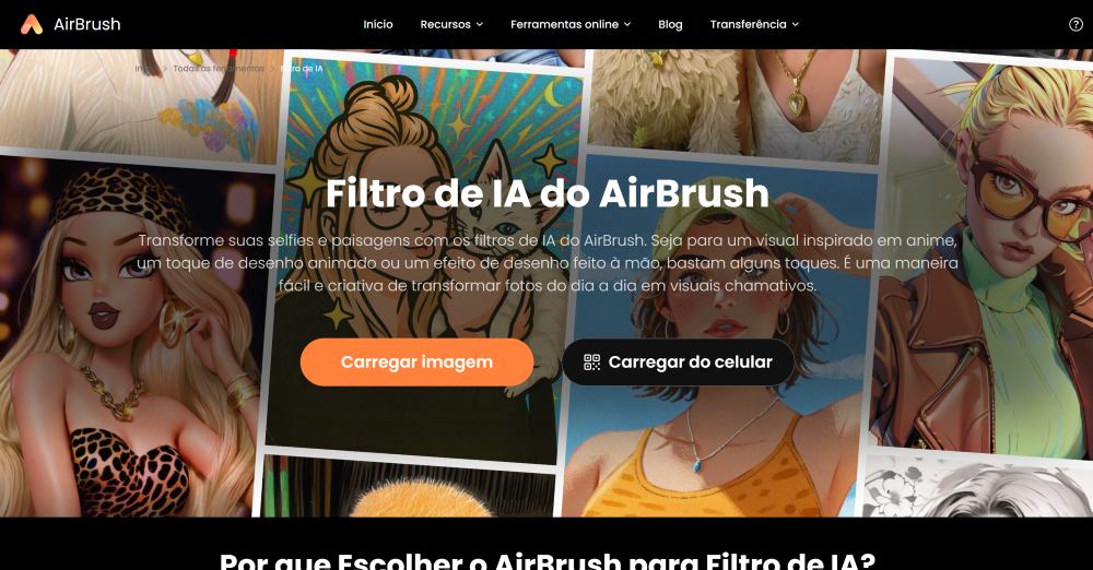 AirBrush Web Screenshot PT - ai filters main page