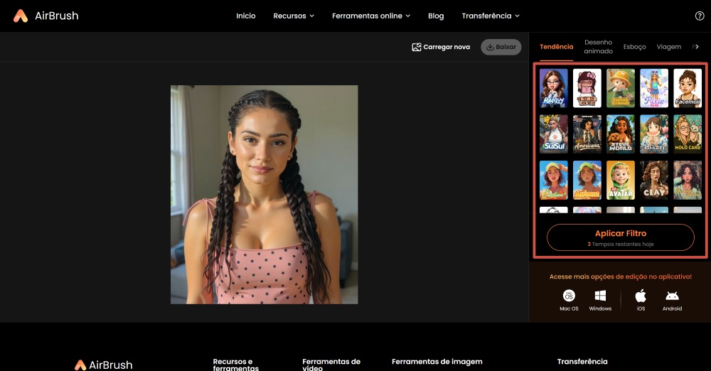 AirBrush Web Screenshot PT - avatar ai filters choose the filter