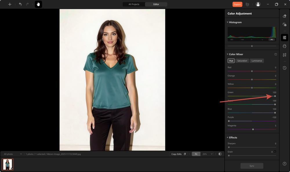 AirBrush Studio Screenshot EN - change color of clothes in photo color mixer sliders