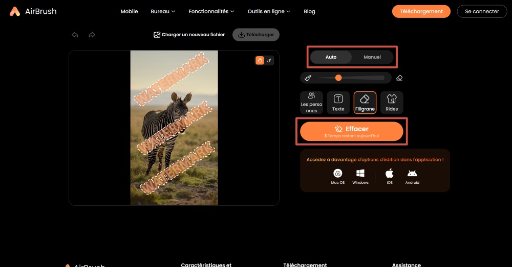 AirBrush Web Screenshot FR - remove watermark ai object remover auto manual remove