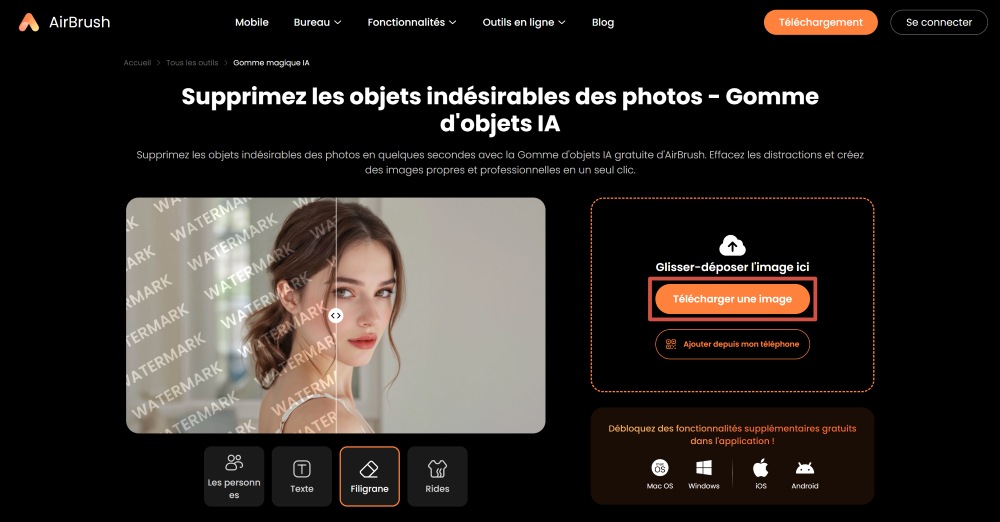 AirBrush Web Screenshot FR - remove watermark ai object remover upload image