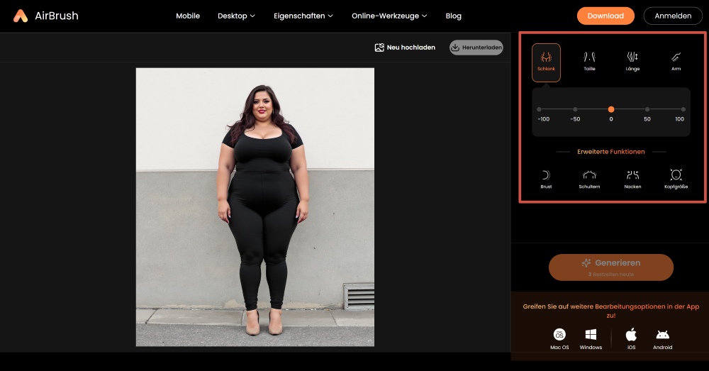 AirBrush Web Screenshot GE - body editor choose functions