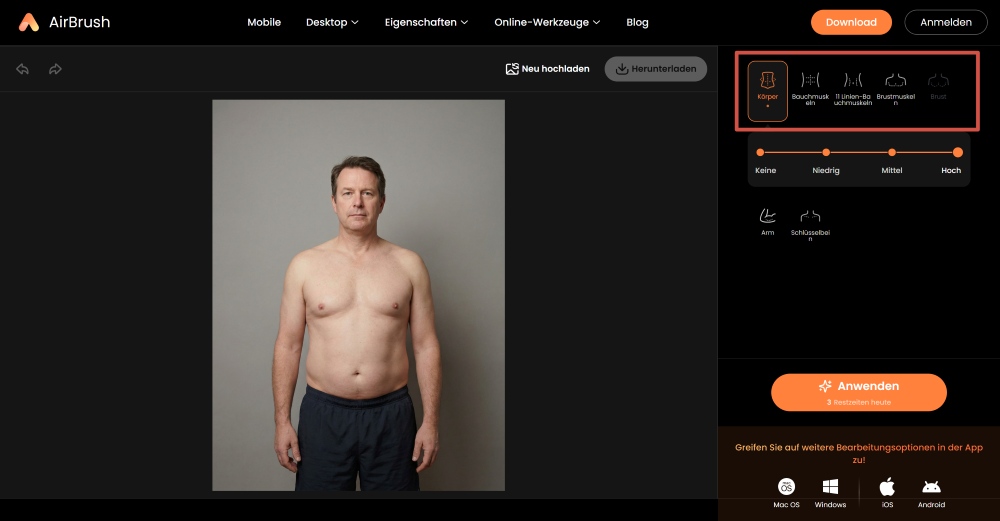 AirBrush Web Screenshot GE - muscle generator select the area