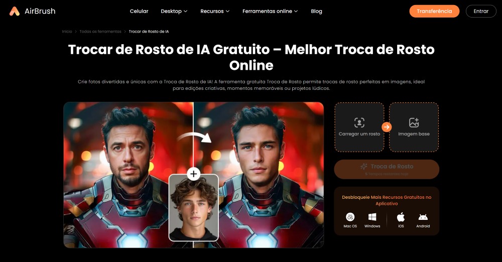 AirBrush Web Screenshot PT - face swap main page tool