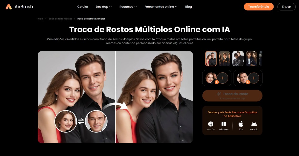 AirBrush Web Screenshot PT - multiple face swap main page tool