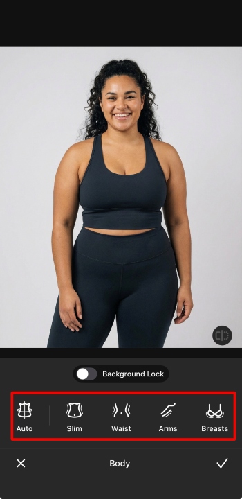 AirBrush App Screenshot EN - body editor choose the body part