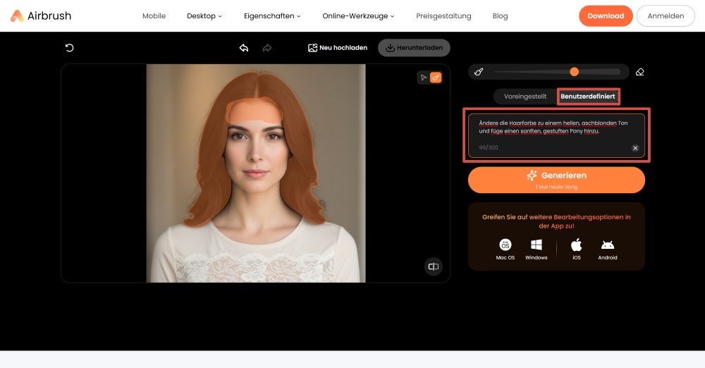 AirBrush Web Screenshot DE - change the hairstyle custom