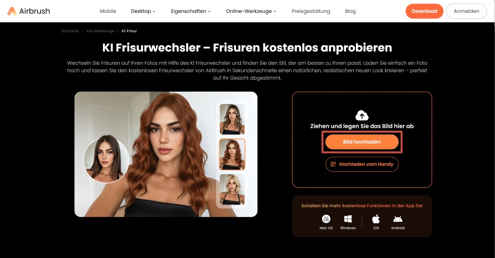 AirBrush Web Screenshot DE - change the hairstyle upload image